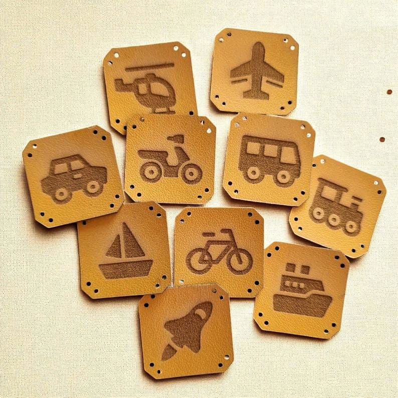 Kinder Handmade Labels Fahrzeuge - 10x – PVC Kunstleder
