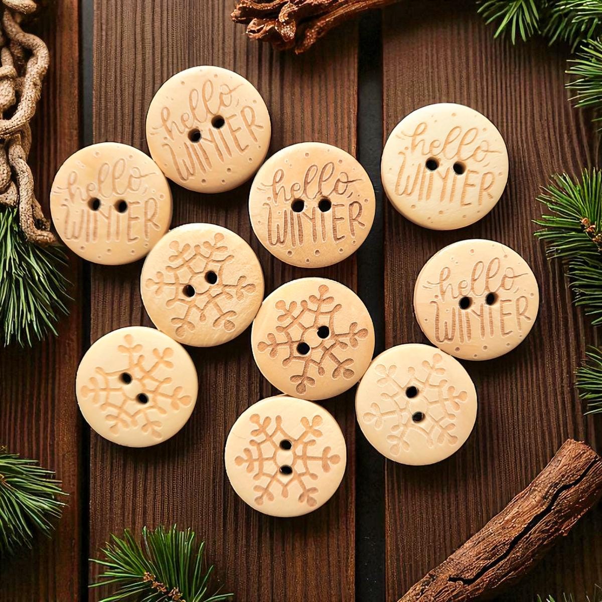 Holzknöpfe HELLO WINTER – Schneeflocken & Winter-Design