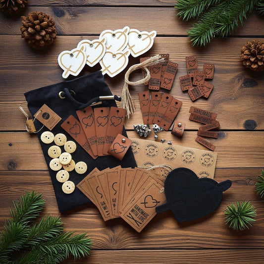Geschenkset für Bastler – Handgemachte DIY-Labels, Holzknöpfe, Anhänger & Aufkleber