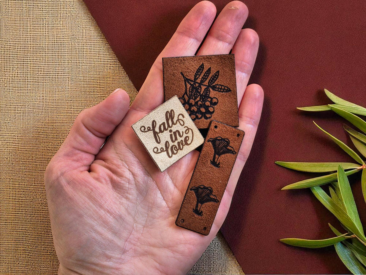 Kunstwildleder Labels – Herbstmotive – Handmade Tags für Stricken, Häkeln & Nähen